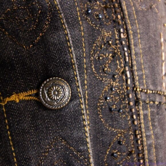 Laura Ashley brown beaded embroidered button up jean jacket, size M - Picture 14 of 16